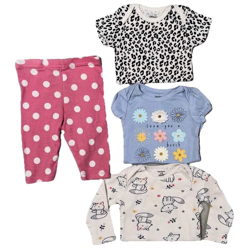 Set Of 4 ALL GERBER 100% Cotton Pants Shirts Girls 0-3M EUC Colorful Fox Flowers